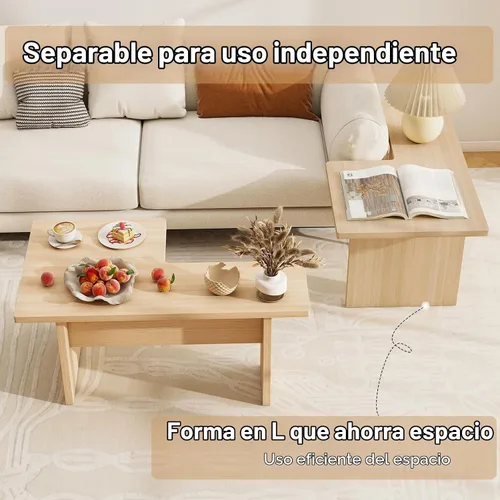 Vista 5 de Giantex Juego de 2 mesas de centro en forma de L, mesa central modular anidable con acabado de grano, mesas modernas de sala de estar de mediados
