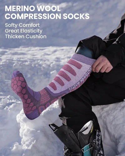 Vista 7 de OutdoorMaster Calcetines de esquí de lana merina, 23 pares sobre la pantorrilla, puños antideslizantes para hombres y mujeres, calcetines térmicos