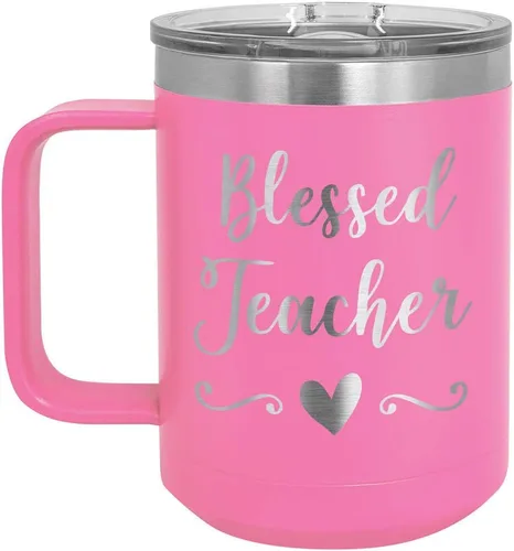 Vista 5 de BLESSED TEACHER Negro 15 oz Taza de café w/tapa deslizante Taza de café de viaje aislada Ideas de regalos de cumpleaños o Navidad de mujeres u
