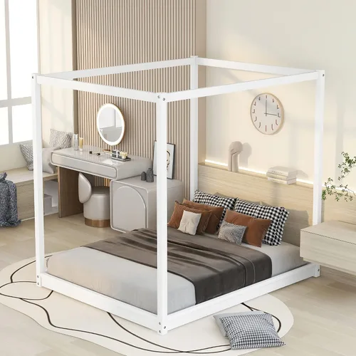 Vista 3 de Harper & Bright Designs Cama Queen con dosel de madera con 4 paneles de póster, marco de cama Queen con soporte de listones de madera maciza, cama