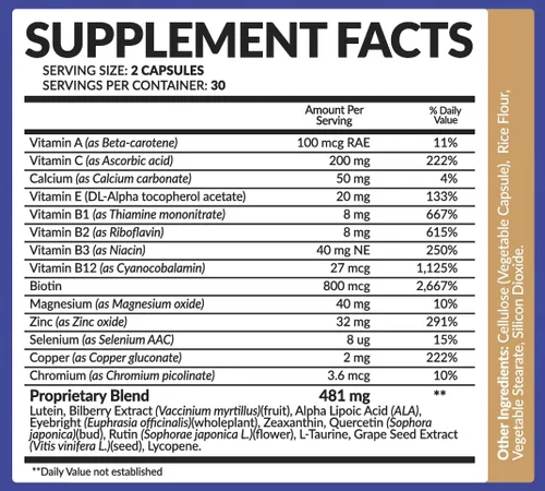 Vista 4 de Suplemento vitamínico para los ojos con luteína, zeaxantina, licopeno, arándano, quercetina y más, mezcla patentada totalmente natural que apoya
