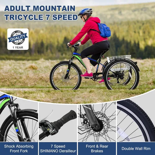 Vista 2 de Barbella Bicicleta de montaña para adultos, 7 velocidades y tres ruedas, triciclo de montaña para adultos, triciclo de crucero, triciclo