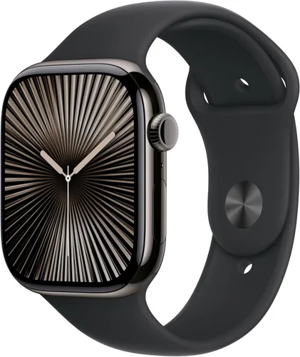 Vista 45 de Apple Watch Series 10 [GPS 42 mm] Smartwatch con caja de aluminio negro brillante y correa deportiva negra - M/L. Rastreador de fitness, aplicación