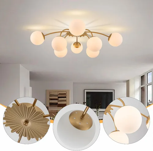 Vista 3 de Lámpara de araña Sputnik con 8 luces de globo dorado con burbujas de vidrio de leche Milk Glass Bubble Ball, Semi Flush Ceiling Lights, Blossom