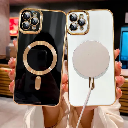 Vista 3 de OOK Magnatic - Funda para iPhone 11 Pro Max [compatible con MagSafe] protector completo de lente de cámara con borde electrochapado dorado, TPU