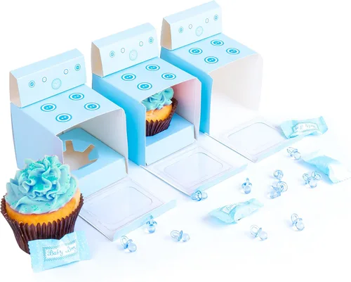 Vista 4 de Bun in the Oven - Cajas para cupcakes para baby shower, fiesta de revelación de género para niños y niñas (12 piezas, azul)