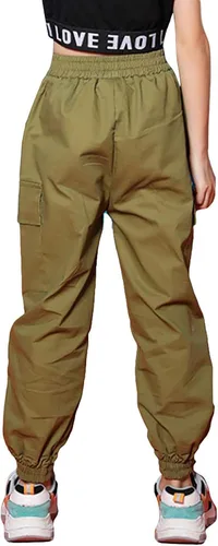 Vista 6 de Rolanko - Pantalones cargo para niñas, ropa callejera holgada, de hip hop, para bailar, de algodón, jogger para niños de 4 a 15 años Verde militar
