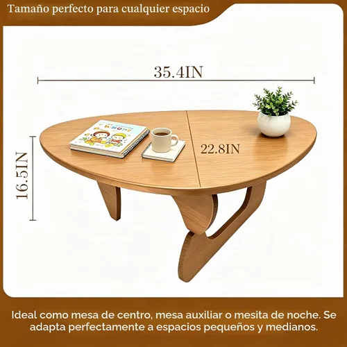 Vista 2 de Mesa de centro moderna de madera maciza, mesa central triangular única para sala de estar, 35.4 x 22.8 x 16.5 pulgadas, natural
