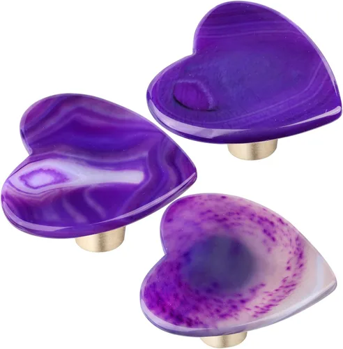 Vista 4 de Rockcloud Cajón de perilla de ágata con tornillos, mango de ágata morada en forma de corazón para armario, armario, accesorios de ferretería