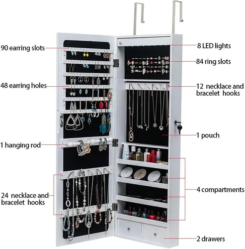 Vista 8 de Karl home Gabinete de joyería con 8 luces LED, organizador de almacenamiento de pared y puerta con cerradura de 42.5 pulgadas de alto con espejo