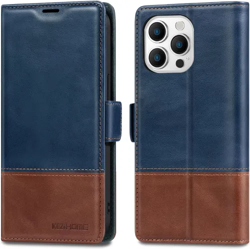 Vista 17 de KEZiHOME Funda para iPhone 15, de piel auténtica, bloqueo RFID, carcasa interior de TPU, cierre magnético, ranura para tarjetas, a prueba de golpes