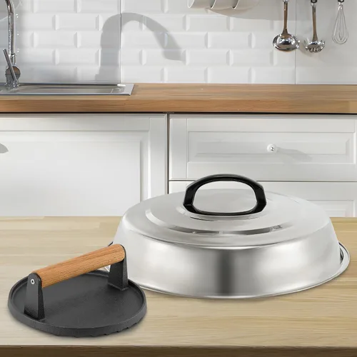 Vista 6 de Accesorios de BBQ - Cubierta de Cocción Redonda de Acero Inoxidable de 12 Pulgadas - Cúpula Derretidora de Queso Kit de Prensa de Parrilla Redonda