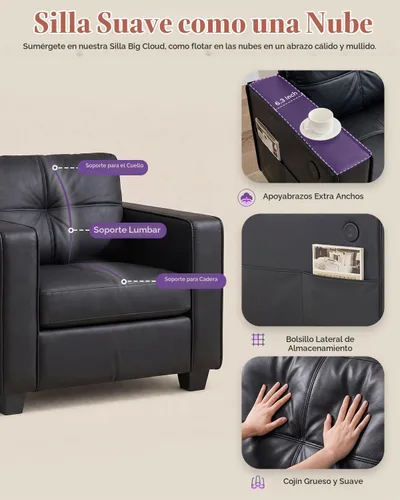 Vista 7 de Silla decorativa de piel sintética negra, sillón copetudo de gran tamaño para sala de estar Negro