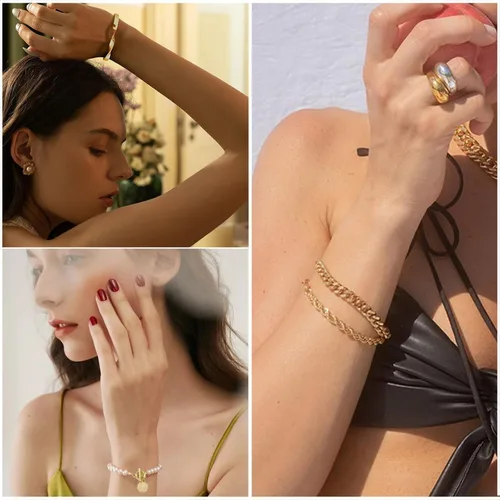 Vista 6 de IFKM Juego de 6 pulseras de cadena de oro bohemio para mujer, chapado en oro de 14 quilates, múltiples capas, apilables, abiertas, con eslabones