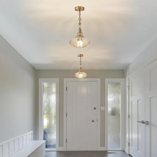 Vista 7 de Lámpara colgante de 3 luces, candelabro vintage dorado de granja para cocina, lámpara de techo colgante ajustable de vidrio ámbar para pasillo