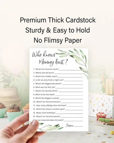 Vista 3 de GREENERY Baby Shower Games Who Knows Mommy Best – Paquete de 25 – Género NEUTRAL Baby Shower Juego Nuevo Parejas Coed Reveal Divertido Juego