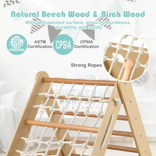 Vista 2 de HONEY JOY Escalador triangular 4 en 1 con rampa, escalera triangular de 3 lados para niños con cuerda de red y barras, juguetes de escalada Natural