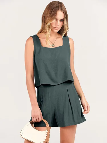 Vista 3 de ANRABESS Conjunto de 2 piezas de lino con cuello cuadrado y pantalones cortos para mujer, ropa de moda para playa y verano