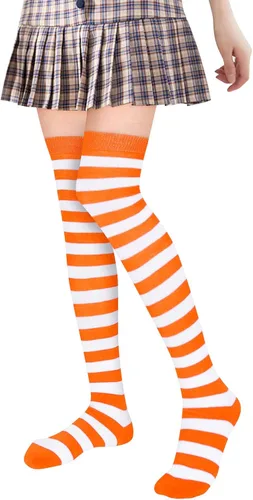 Vista 4 de Benefeet Sox Medias altas hasta el muslo a rayas por encima de la rodilla, calcetines de tubo con rayas de colores para cosplay, Halloween, fiesta