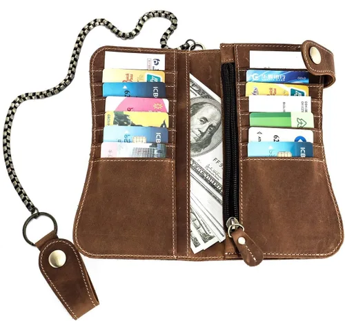 Vista 2 de Cartera de cuero para hombre con cadena de monedero bifold para tarjetas vintage