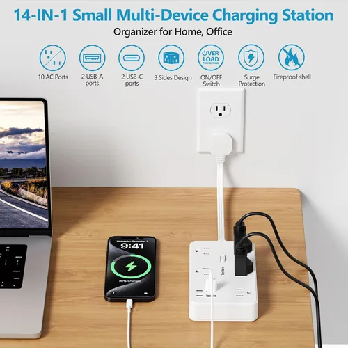 Vista 3 de Cable de extensión plano de 1 pie con protector de sobretensiones, 10 salidas de CA y 4 puertos USB (5V/3.4A 17W), 1080J, estación de carga