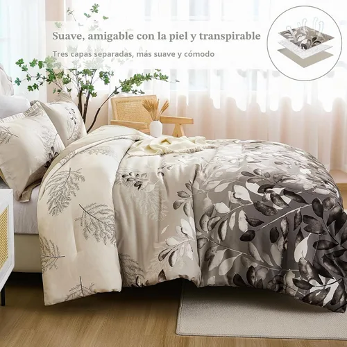 Vista 4 de DJY Juego de edredón beige tamaño Queen, edredón de 3 piezas con hojas botánicas marrones con 2 fundas de almohada, tamaño Queen, juego de edredón
