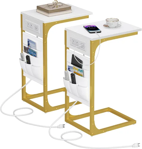 Vista 25 de TUTOTAK - Mesa auxiliar en forma de C, mesa lateral para sofá, mesa de sofá con bolsa de almacenamiento, bandeja para TV para sala de estar, Negro