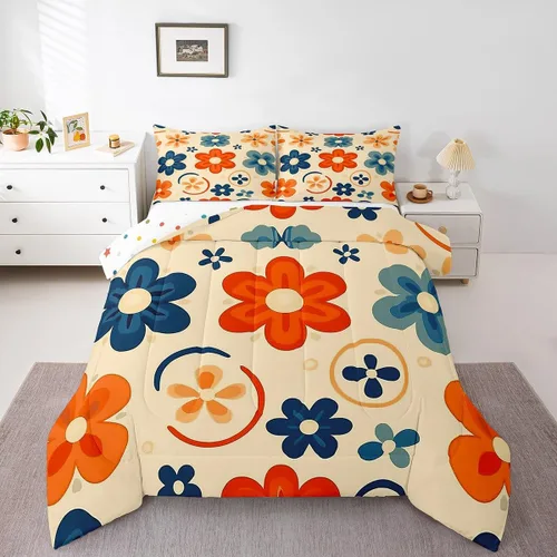 Vista 14 de Juego de ropa de cama floral retro, tamaño individual, vintage de los años 70 y 60, juego de edredón para niños, adultos y adolescentes, juego