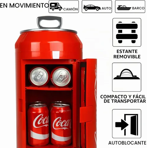Vista 5 de Coca Cola Mini Refrigerador - Refrigerador para Dormitorio, Oficina, Enfriador de Bebidas Portátil de Mesa, Refrigerador de 12V 220V para Bebidas
