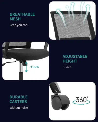 Vista 7 de Silla de oficina ergonómica de escritorio, silla de computadora con respaldo medio, reposabrazos de soporte lumbar, silla de malla transpirable
