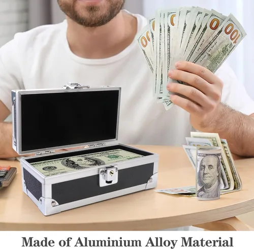Vista 4 de Caja de efectivo con cerradura, caja de dinero de aluminio, almacenamiento de efectivo bloqueable con bandeja