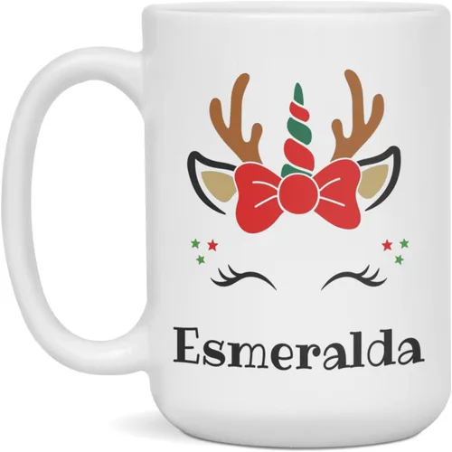 Vista 3 de Esmeralda Personalized unicorn reindeer Christmas mug, 11-Ounce White
