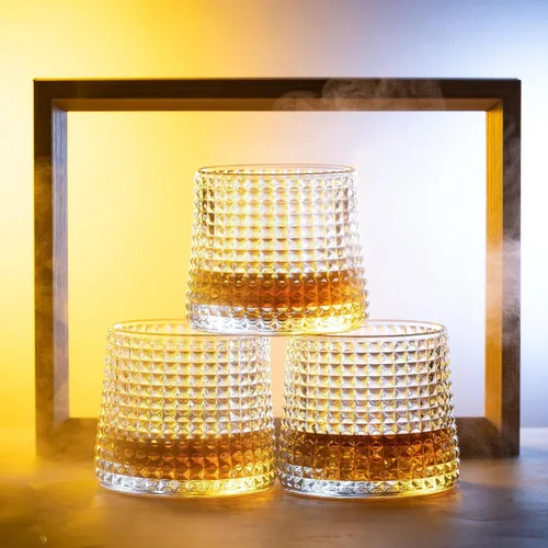 Vista 6 de Vasos de whisky - Juego de 3 vasos antiguos de 6 oz, pequeños vasos de coctel de bourbon de alcohol de whisky (rejilla de cristal)