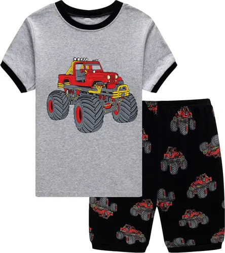 Vista 17 de Popshion Pijamas cortas de 2 piezas para niños pequeños, ropa de dormir de tiburón de tren, 100% algodón, pijamas de dinosaurio para niños pequeños