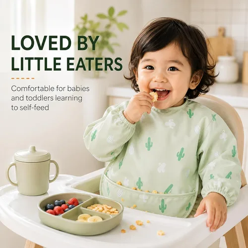 Vista 5 de ANGORA BRANDS Babero de silicona para bebés y bebés, 100% impermeable de grado alimenticio con bolsillo profundo para atrapar alimentos, ajustable