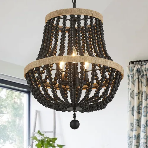 Vista 7 de Lámpara de araña bohemia de 3 luces de granja, luz colgante de cuentas de madera, lámpara colgante rústica antigua para cocina, isla, pasillo, Blanco