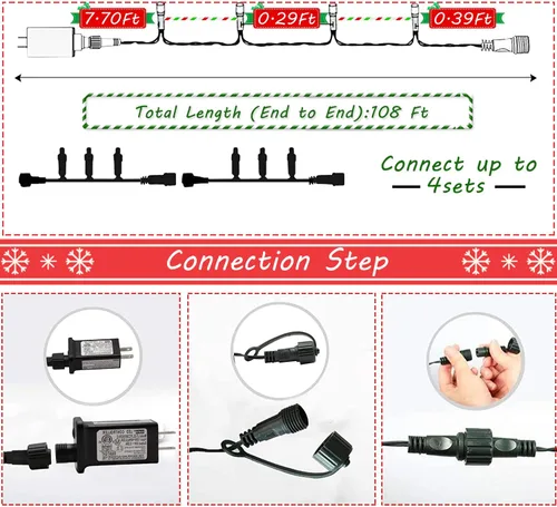 Vista 3 de Luces de Navidad para exteriores, 300 luces LED de 108 pies con 8 modos, enchufe de extremo a extremo, certificado UL, guirnalda de luces