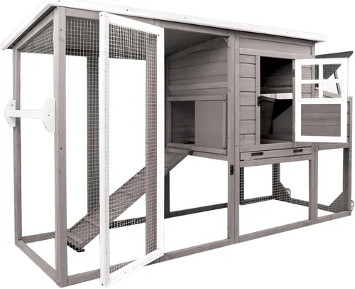 Vista 7 de Gowoodhut Gallinero con caja de anidación grande móvil - Patio trasero de madera para gallinero al aire libre, jaula de aves de corral al aire
