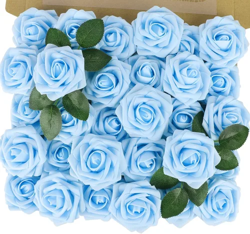 Vista 24 de MACTING 30 PCS Flores Artificiales Rosas Negras y Blancas Flores Falsas con Tallo Rosas de Espuma de Tacto Real para Boda Bola de Besos Ramillete