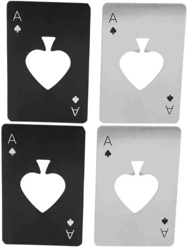 Vista 4 de Goood Poker - Abridor de botellas de cartas, paquete de 4 (2 negras y 2 plateadas), acero inoxidable, abrebotellas de cartas Ace, abridor