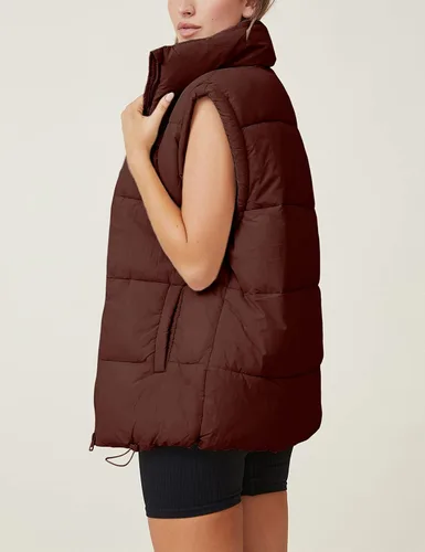Vista 2 de Chaleco acolchado para mujer, sin mangas, acolchado, con cremallera, cuello alto, abrigo de gran tamaño con bolsillo