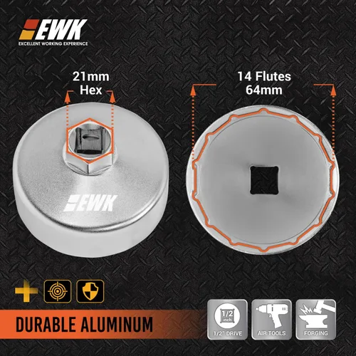 Vista 2 de EWK Llave de filtro de aceite de 64 mm 14 canales, herramienta de extracción de acero forjado para Toyota, Lexus, Honda, diseño sin muescas