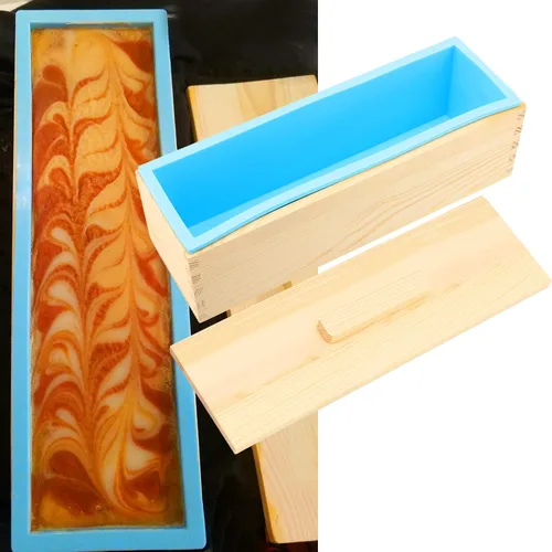 Vista 6 de Juego de 3 moldes de jabón de silicona de 42 onzas, kit de moldes de barra rectangular para hacer jabón con cajas y tapas de madera, moldes de jabón