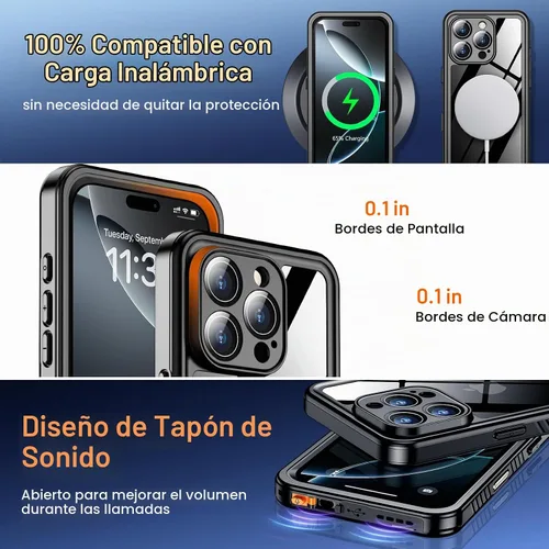 Vista 5 de SPIDERCASE Funda impermeable para iPhone 16 Pro, color negro y transparente Negro / transparente