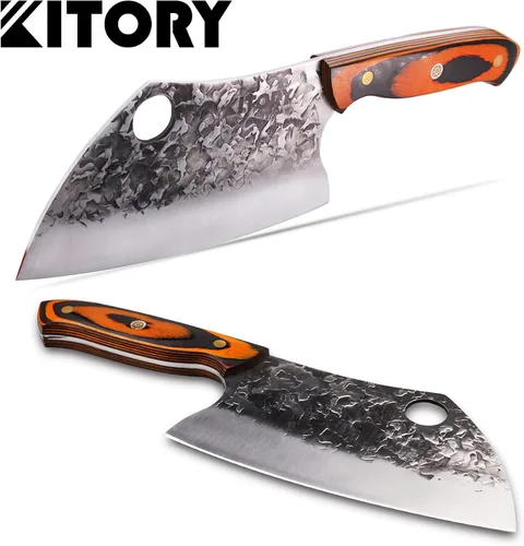 Vista 2 de Kitory Cuchillo de chef serbio, cuchillo de cocina forjado para carnicero, espiga completa, acero de alto carbono, remache de mosaico, mango