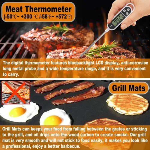 Vista 7 de POLIGO 28 accesorios para asar en bolsa con inyector de carne, garras de barbacoa, esteras, termómetro para ahumador, juego de utensilios de Negro