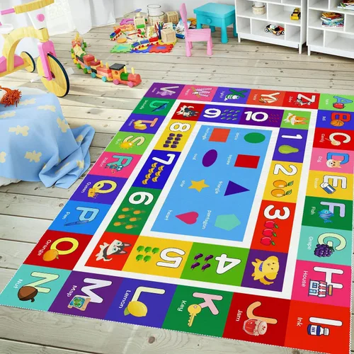 Vista 12 de ABC - Alfombra de juego para niños, con forma del alfabeto, con números del alfabeto, alfombra de área educativa de aprendizaje de frutas, grande