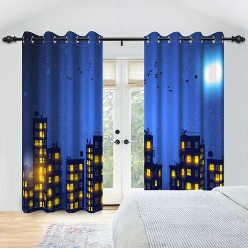 Vista 3 de Cortinas de superhéroe de 53 x 84 pulgadas, diseño de dibujos animados, cómic, edificios de ciudad, edificios, 2 paneles de oscurecimiento