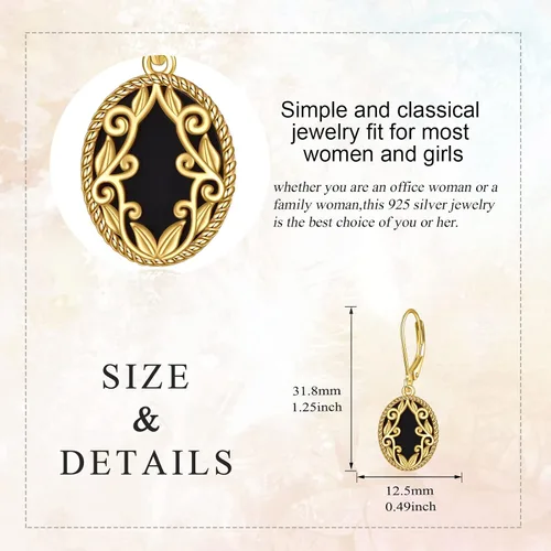 Vista 5 de Aretes de ónix negro de plata de ley chapados en oro amarillo de 18 quilates con filigrana bohemia, aretes colgantes de joyería para mujeres y niñas