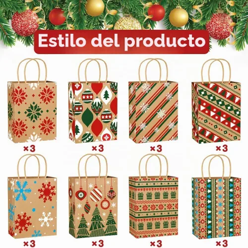 Vista 3 de Vellibring 24 piezas de bolsas de regalo de Navidad Kraft, bolsas de papel de Navidad con asa, bolsas de papel de Navidad con estampados navideños